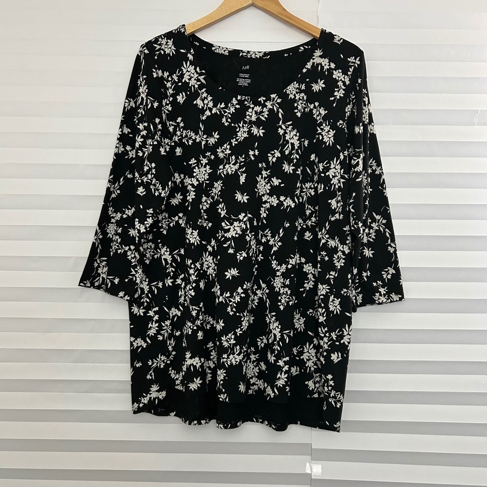 J. Jill Luxe Supima A-Line Tunic Black White‎ Floral 3/4 Sleeve Top Large